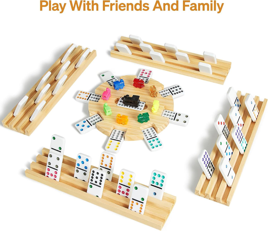 Mexican Train Double 12 Dominoes Set with 4 Wooden Trays/Racks in Portable Carrying Case Colorful 91 Tiles & 9 Trains