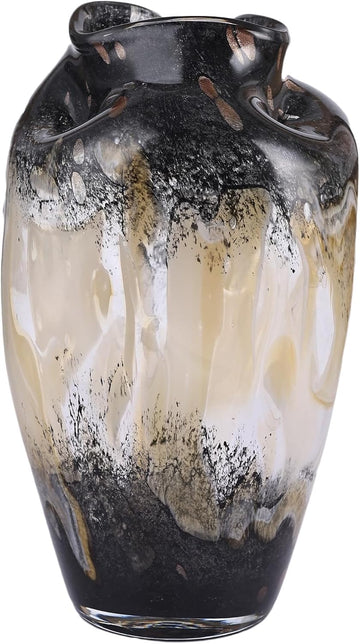 Hand Blown Smoke Glass Vase,Black Amber Vases Home Decor,Vintage Gray Glass Vase, Round Bubble Art
