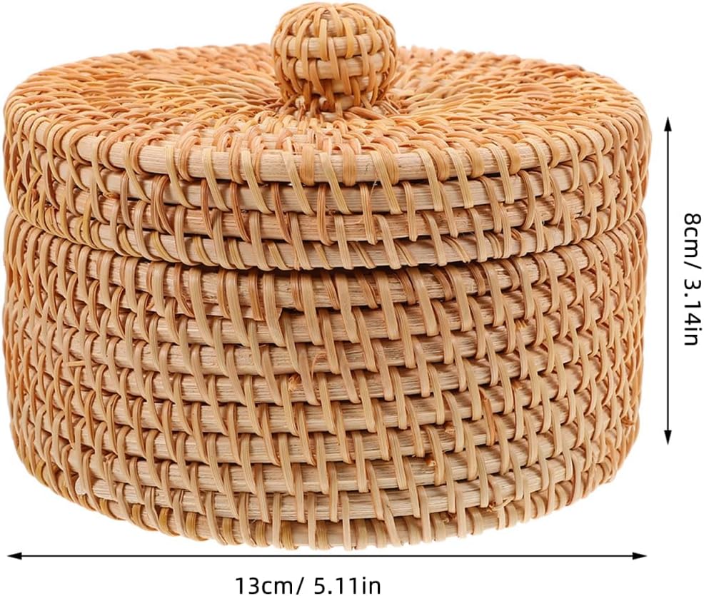Small Rattan Basket with Lid Round Woven Desktop Storage Box for Makeup Jewelry and Sundries Compact Organizer