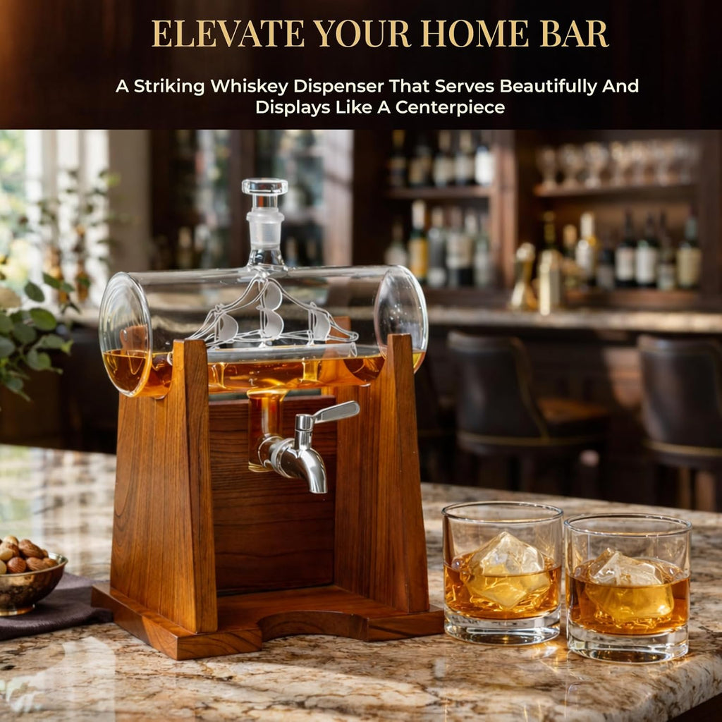 Ship Whiskey Decanter Set for Men, 1250ml Liquor Decanter Gift with Ship Inside, 2 Whiskey Glasses & Wooden Stand