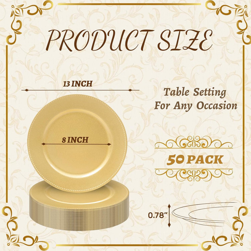 Gold Charger Plates Bulk, Plate Chargers with Beaded Rim - Set of 50