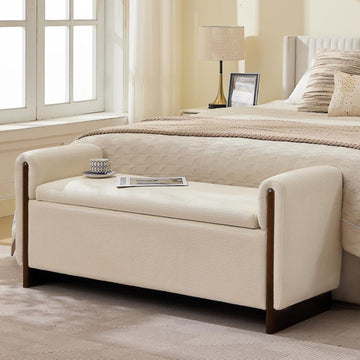 50.8 inch Storage Ottoman Bench with Armrests, Hidden Storage, Beige | End of Bed Bench, Bedroom Storage Bench