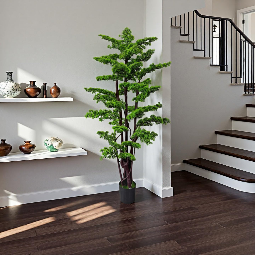 6FT Artificial Bonsai Tree in Pot - Large Realistic Cedar Tree Faux Pine Plant Decor, Hotel Lobby Entryway Greenery