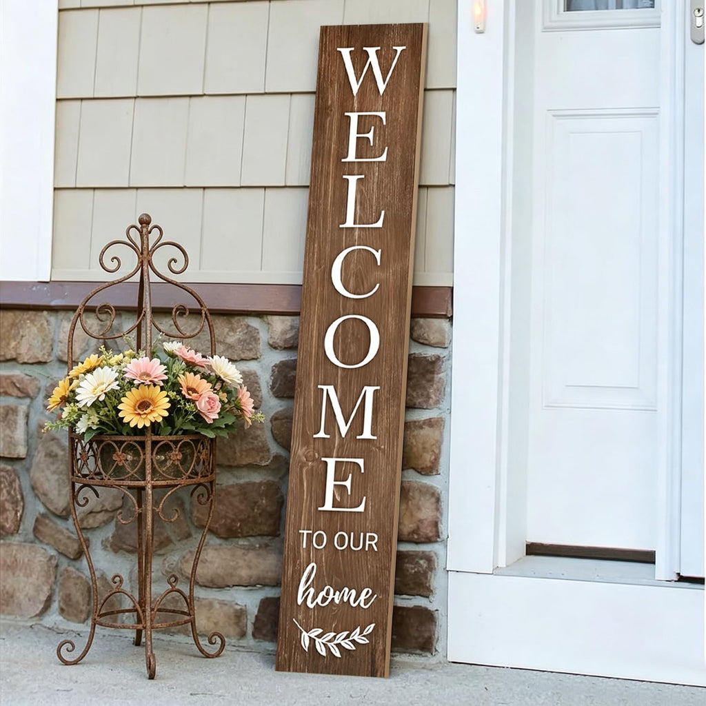 Fall Welcome Sign for Front Door, 47'' Brown Wooden Porch Sign Large Warm Greeting Door Sign Farmhouse Vertical Porch