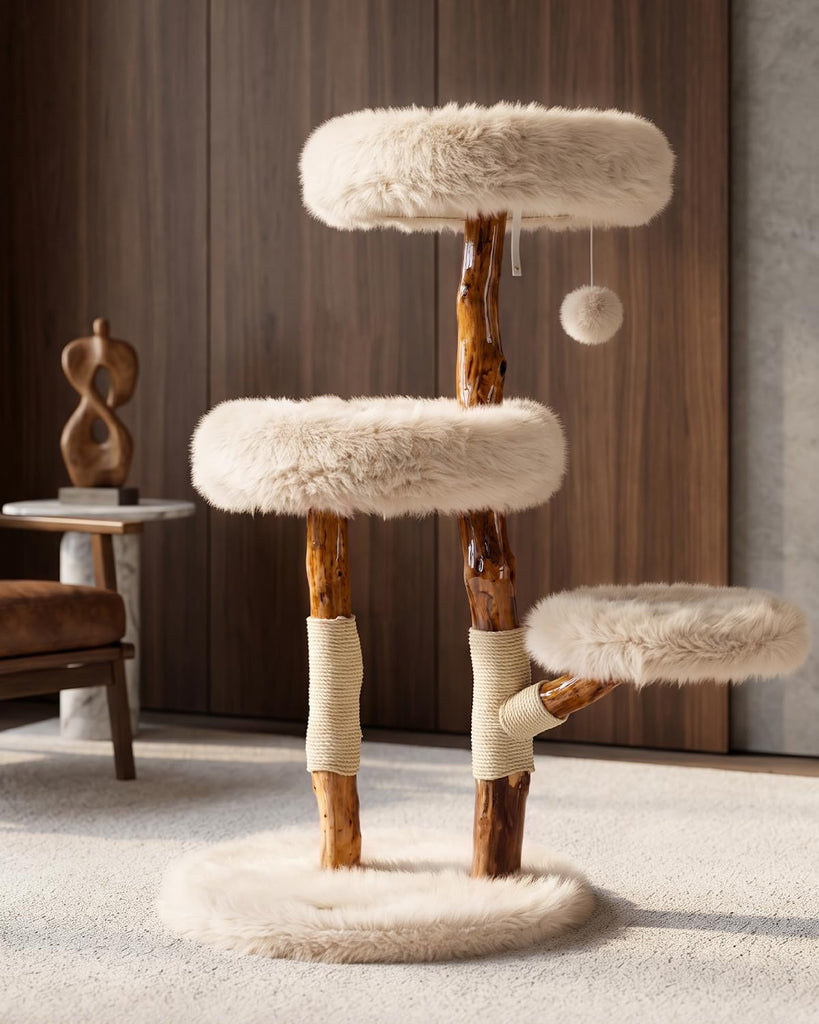 Solid Wood Cat Tree, Boho Modern Cat Tree Tower with Real Branch