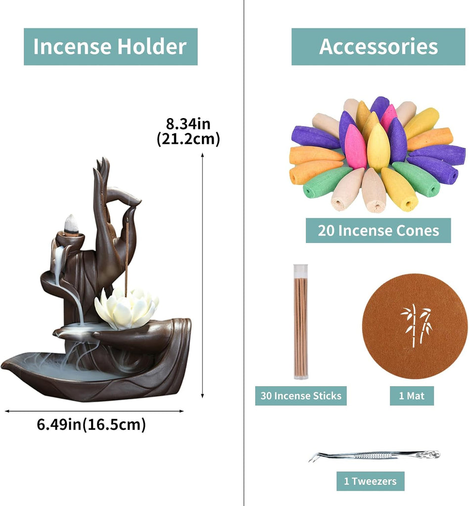 Room Decor Lotus Backflow Incense Burner with Incense Cone +30 Incense Sticks, Waterfall Incense Holder Burner - Set of 20