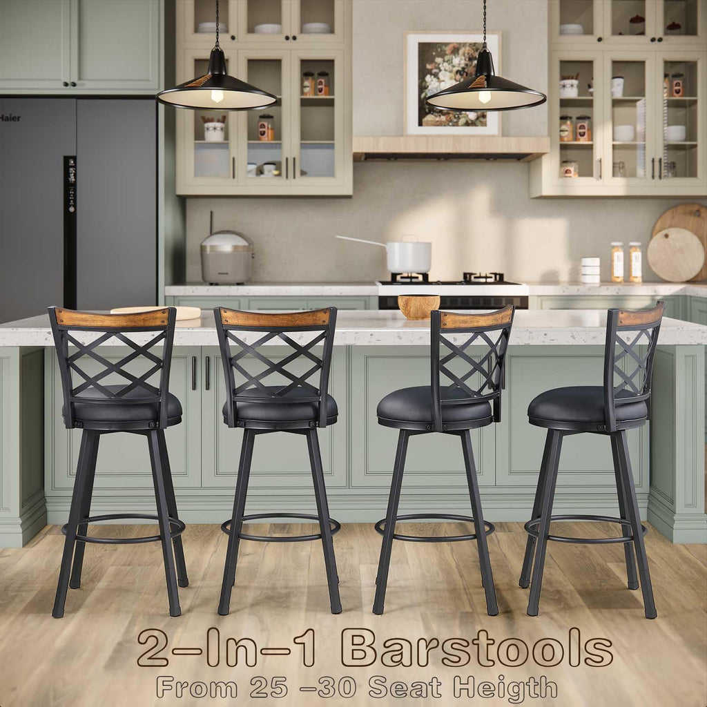 Swivel Bar Chairs Set of 4, (2-in-1) 25"/30" Adjustable Counter & Bar Stools with Backs, Black PU Seat, Industrial