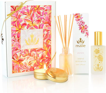 Home Ambiance Gift Box, Plumeria, Hawaiian Aromatherapy Gift Set with Reed Diffuser, Ambiance Mist + Soy Candle