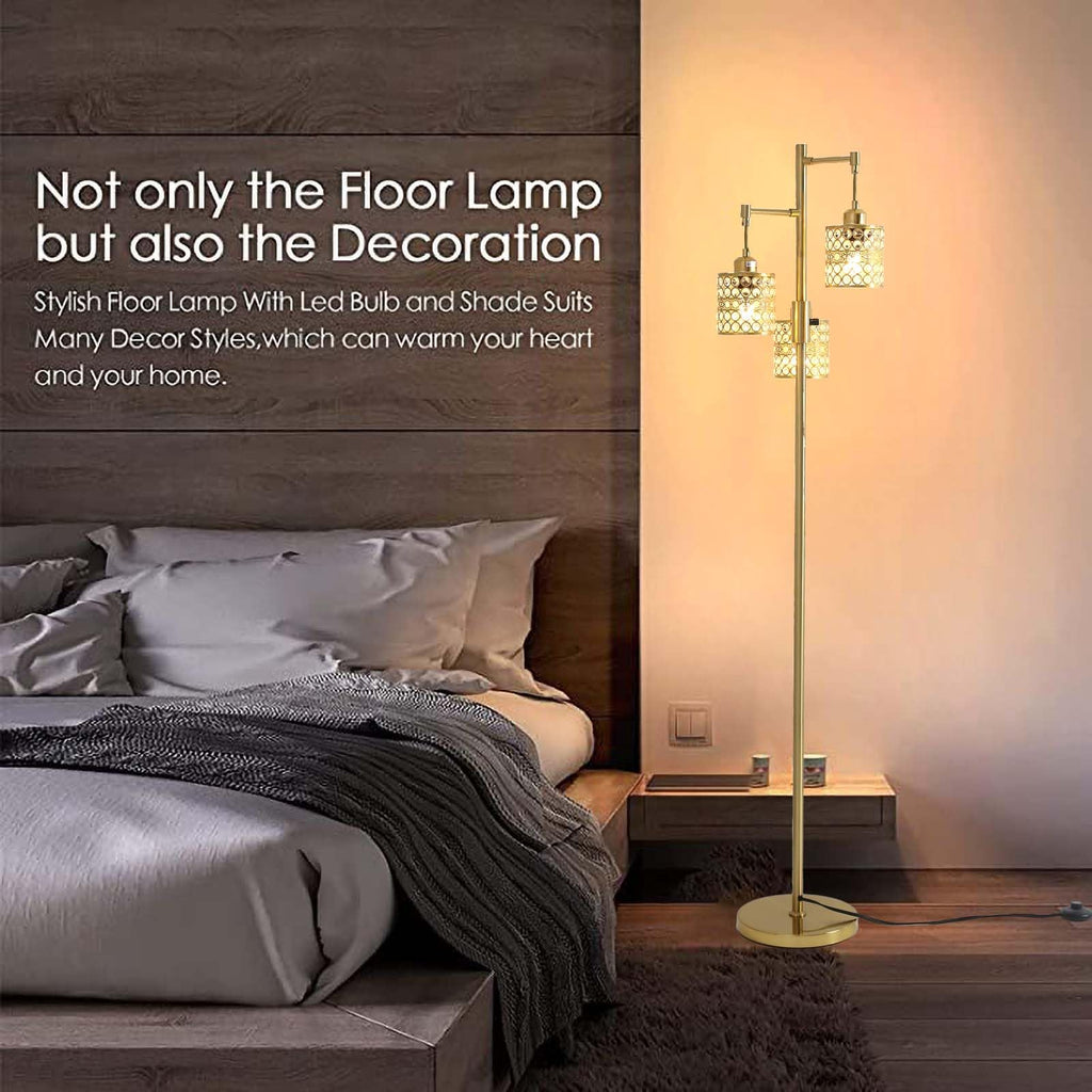 Industrial Floor Lamp, Dimmable Floor Lamp, Gold Tree Lamp Standing Lamp Tall Pole Lamps with 3 Elegant Crystal