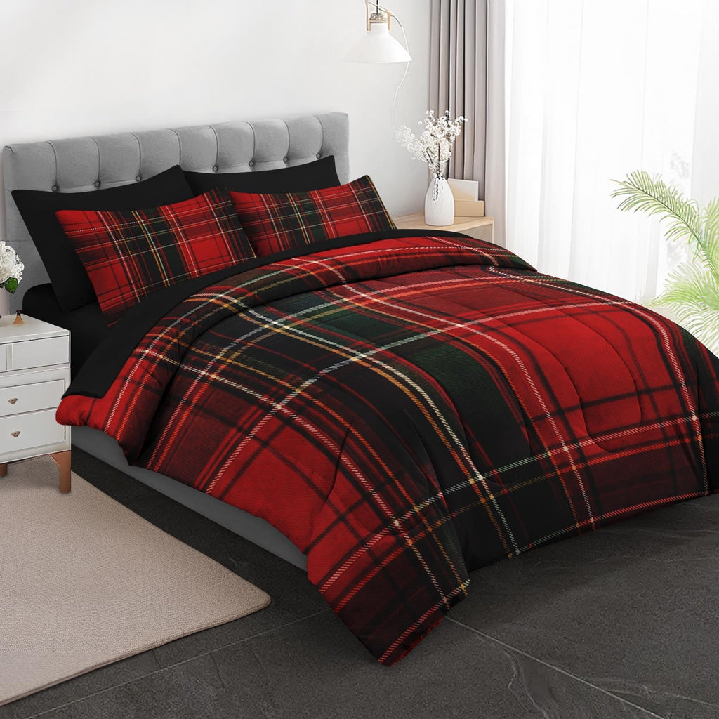 Comforter Set, 7 Pieces Plaid Tartan Bedding Set