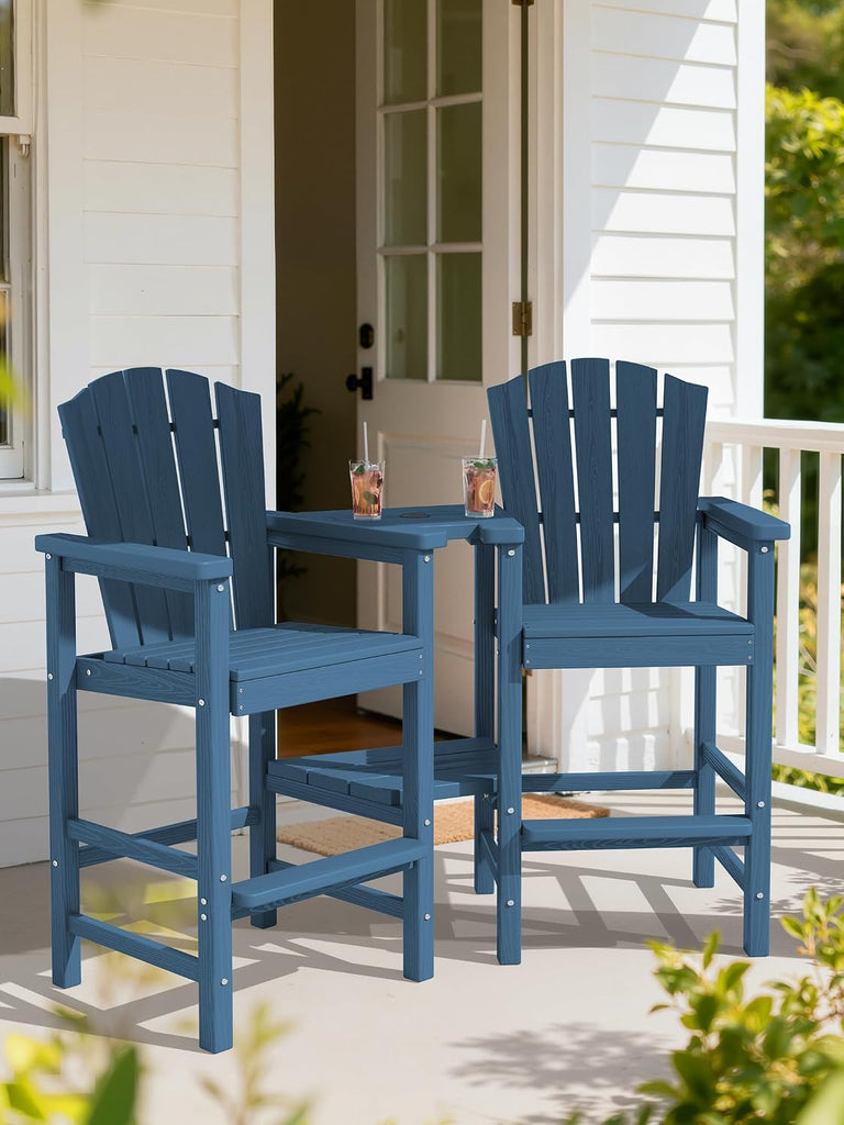 Tall Adirondack Chair Set of 2 with Double Connecting Trays, Blue | All-Weather HDPE Outdoor Adirondack Barstools