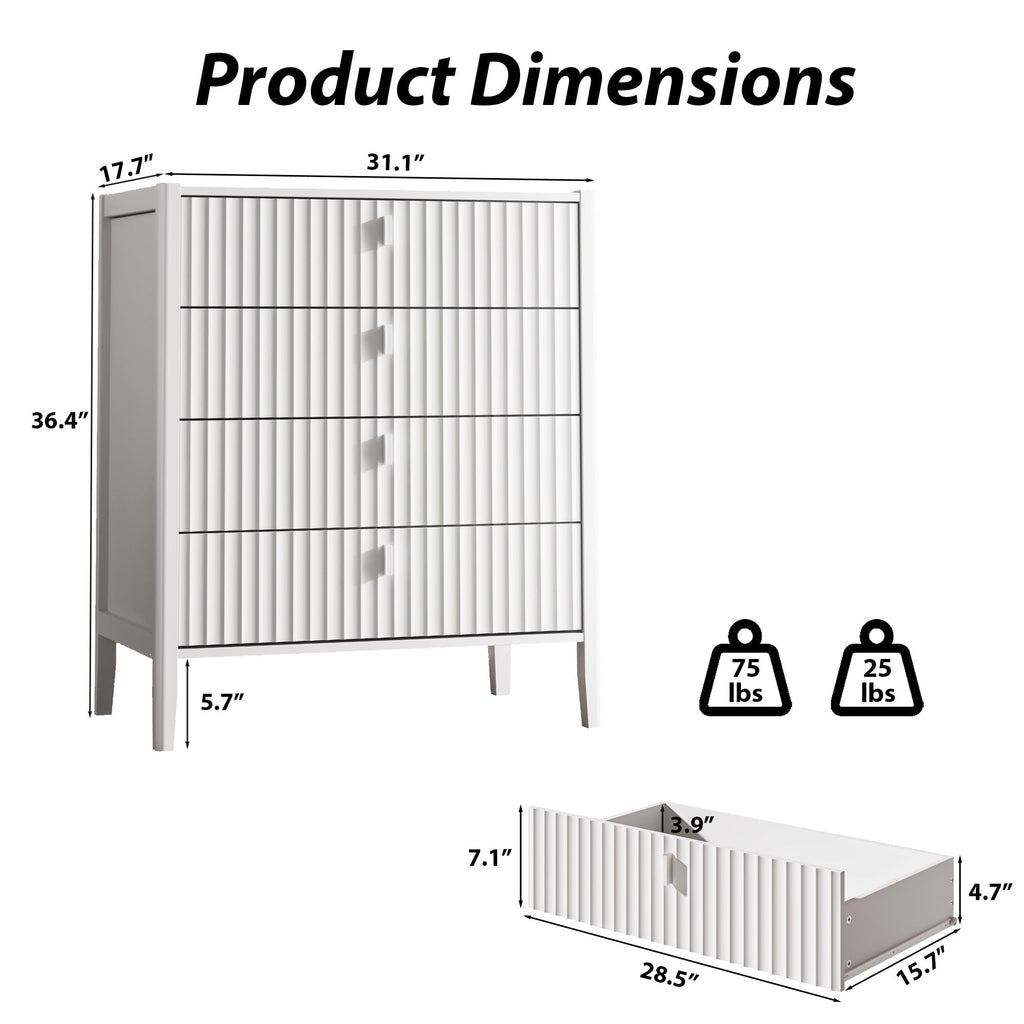 White 4 Drawer Dresser, Modern Chest of Drawers, Wood Fluted Dresser Organizer with Deep Drawers for Clothes