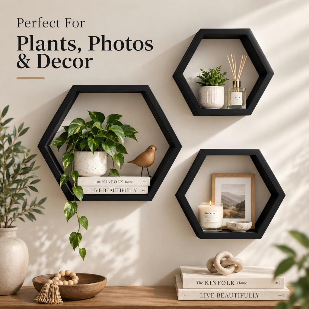 Wall Mounted Hexagon Floating Shelves, Wooden Wall Organizer Hanging Shelf Decor, Set of 3, Black