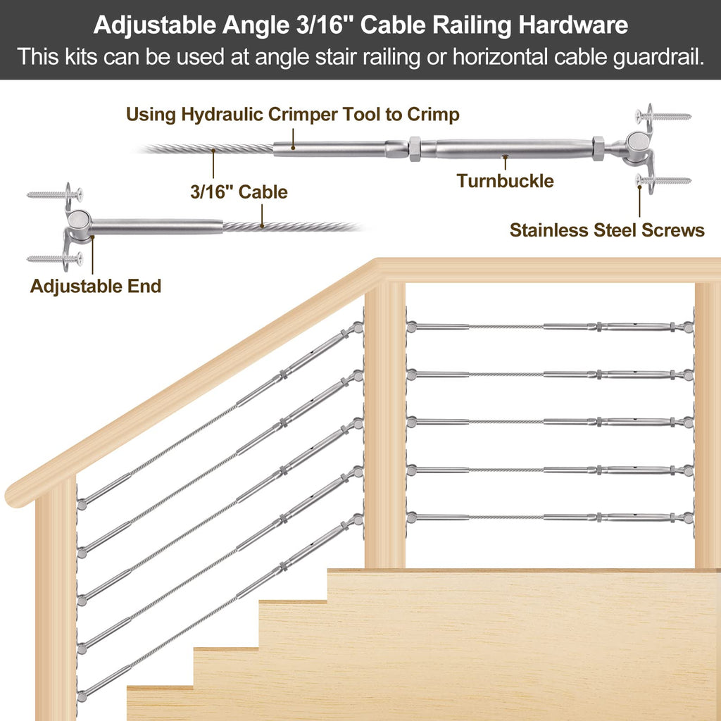 30 Pairs 3/16" Cable Railing Kits, T316 Stainless Steel, Adjustable Angle Cable Railing Hardware 3/16" for 2"x2"