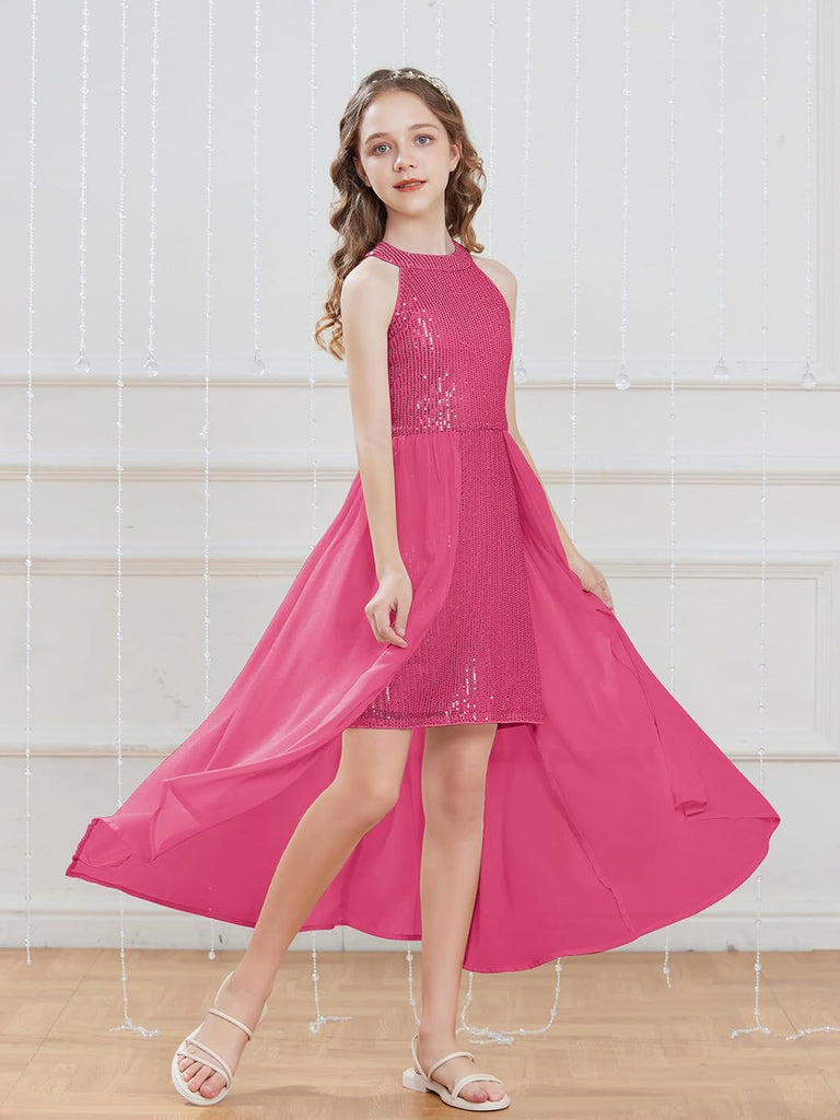 Girls Halter Neck Sequin Dress Kids Fancy Formal Party Christmas Sparkly Pageant Birthday Dresses