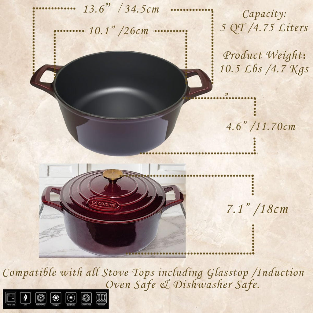 Enameled Cast Iron Dutch Oven Casserole Pot with Golden handle for Lid, Internal Matte Black Enamel Coating, 5 QT