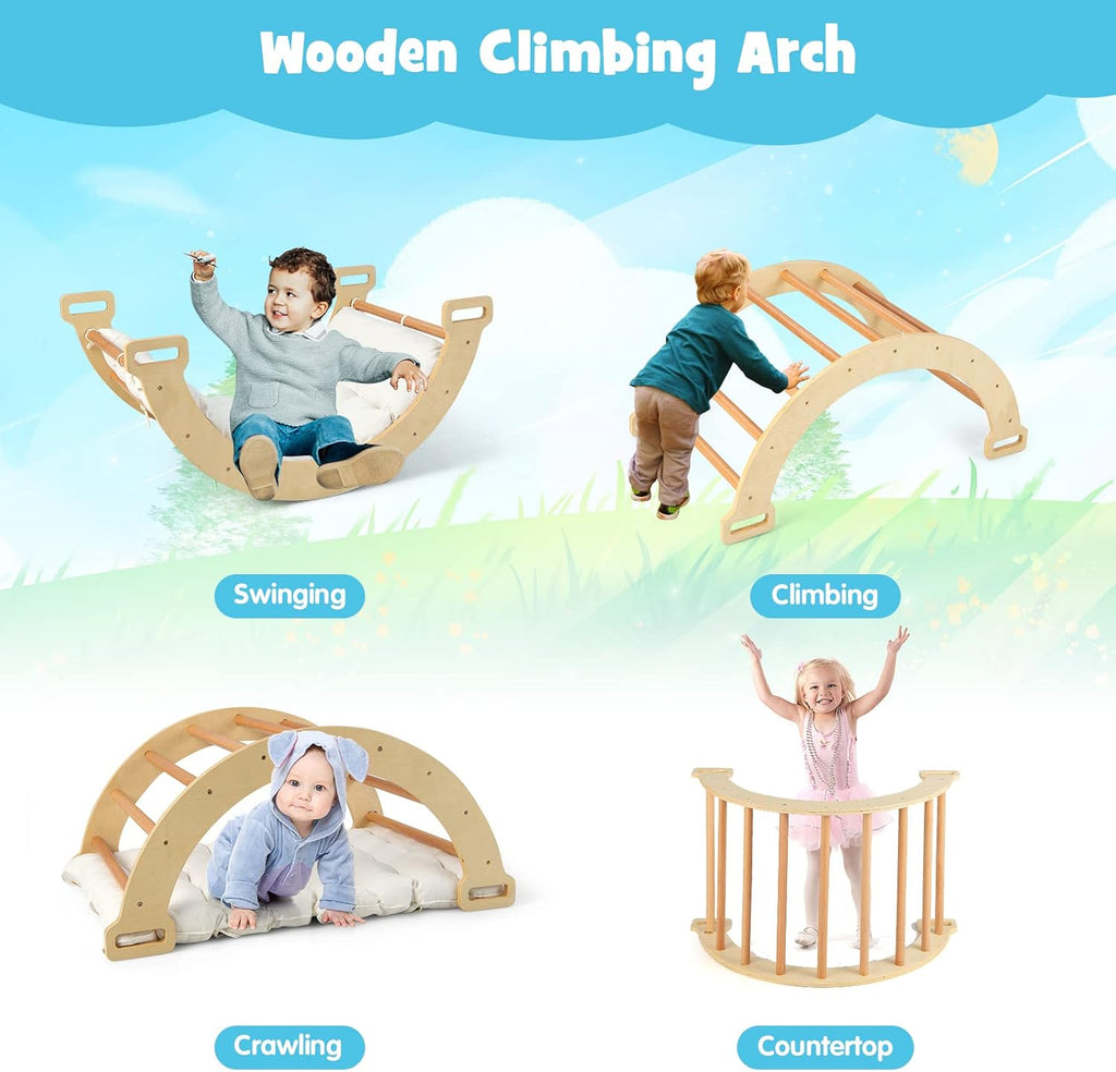 Wooden Arch Climber Rocker with Soft Cushion, 4 in 1 Montessori Climbing Ladder Toys for Toddlers, Waldorf Indoor