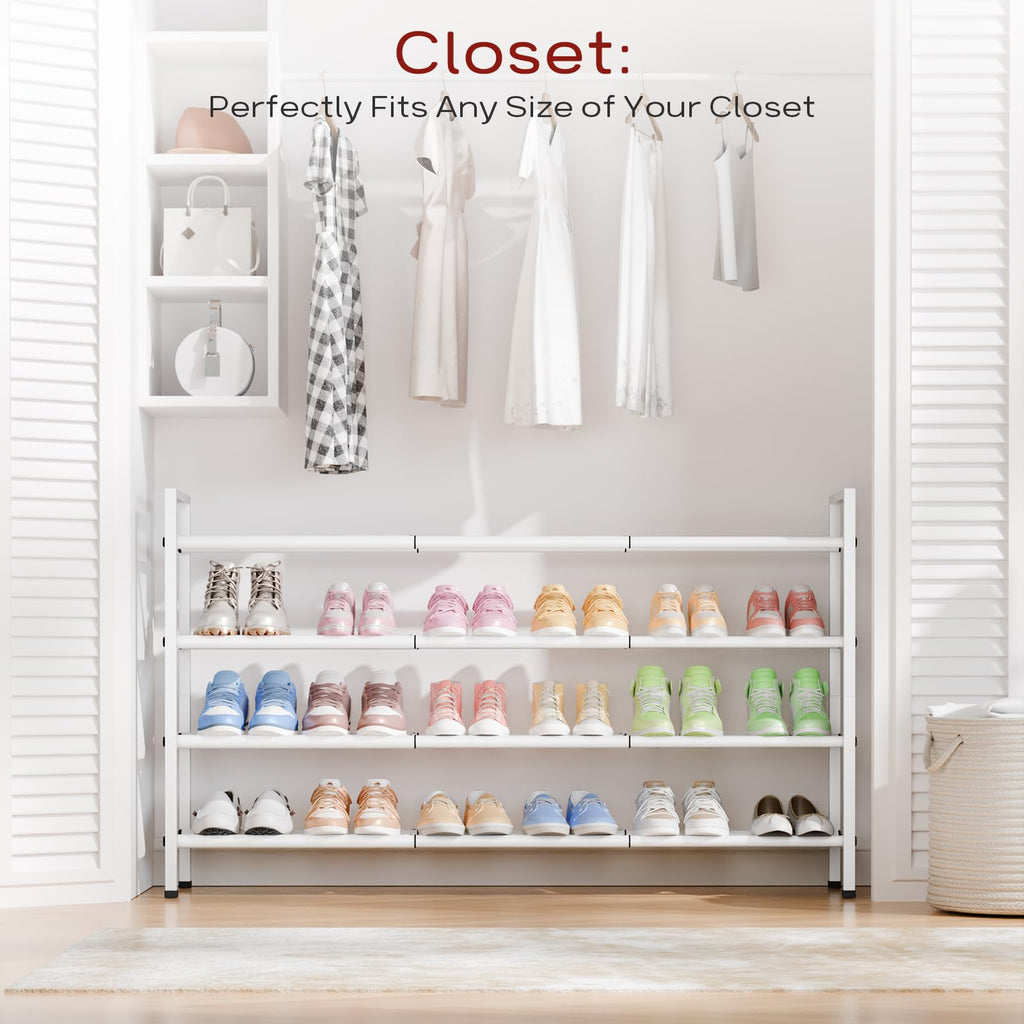 4 Tier Long Expandable Shoe Rack for Closet, White