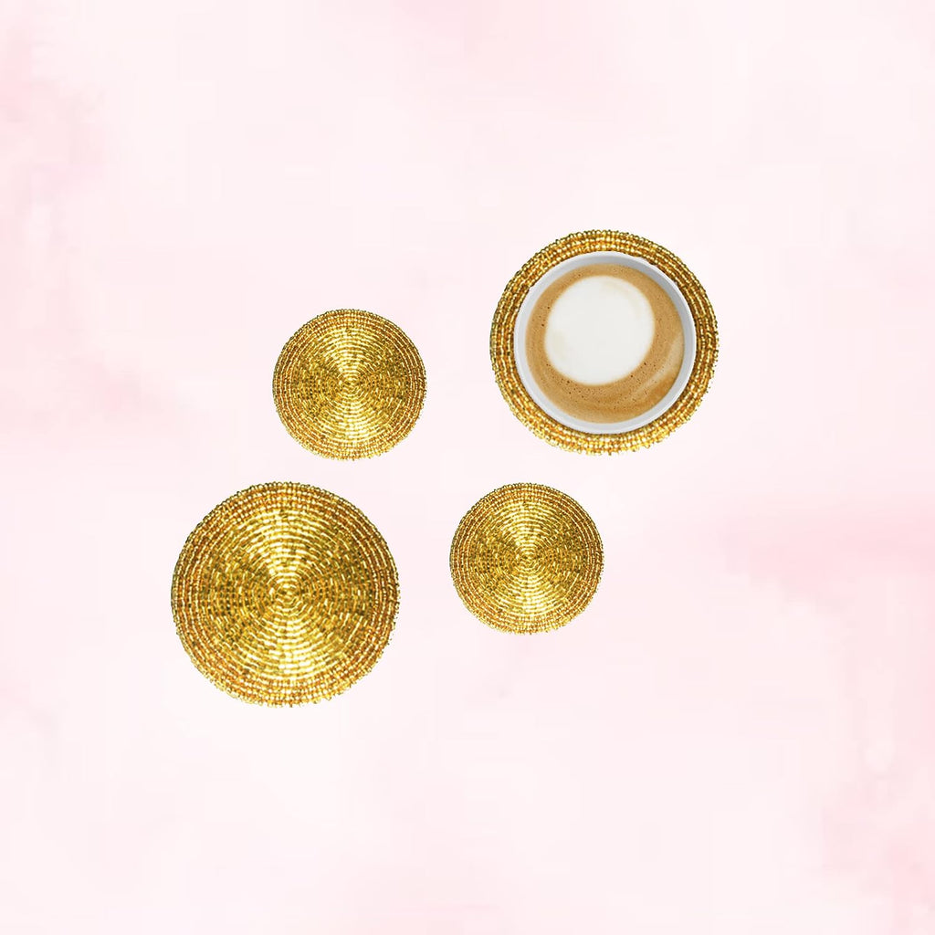 Indian Handmade Top Table Accessories Gold Shimmering 4" Round Beaded Coasters Suitable for Cold Drinks Mugs Cups - Set of 4