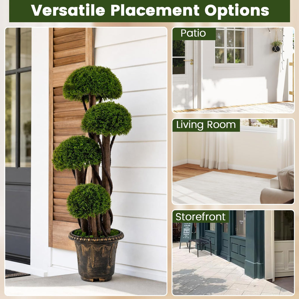 3FT Artificial Cypress Topiary Ball Tree, Indoor Outdoor Fake Boxwood Tree with Rattan Trunk, Cement Filled Pot