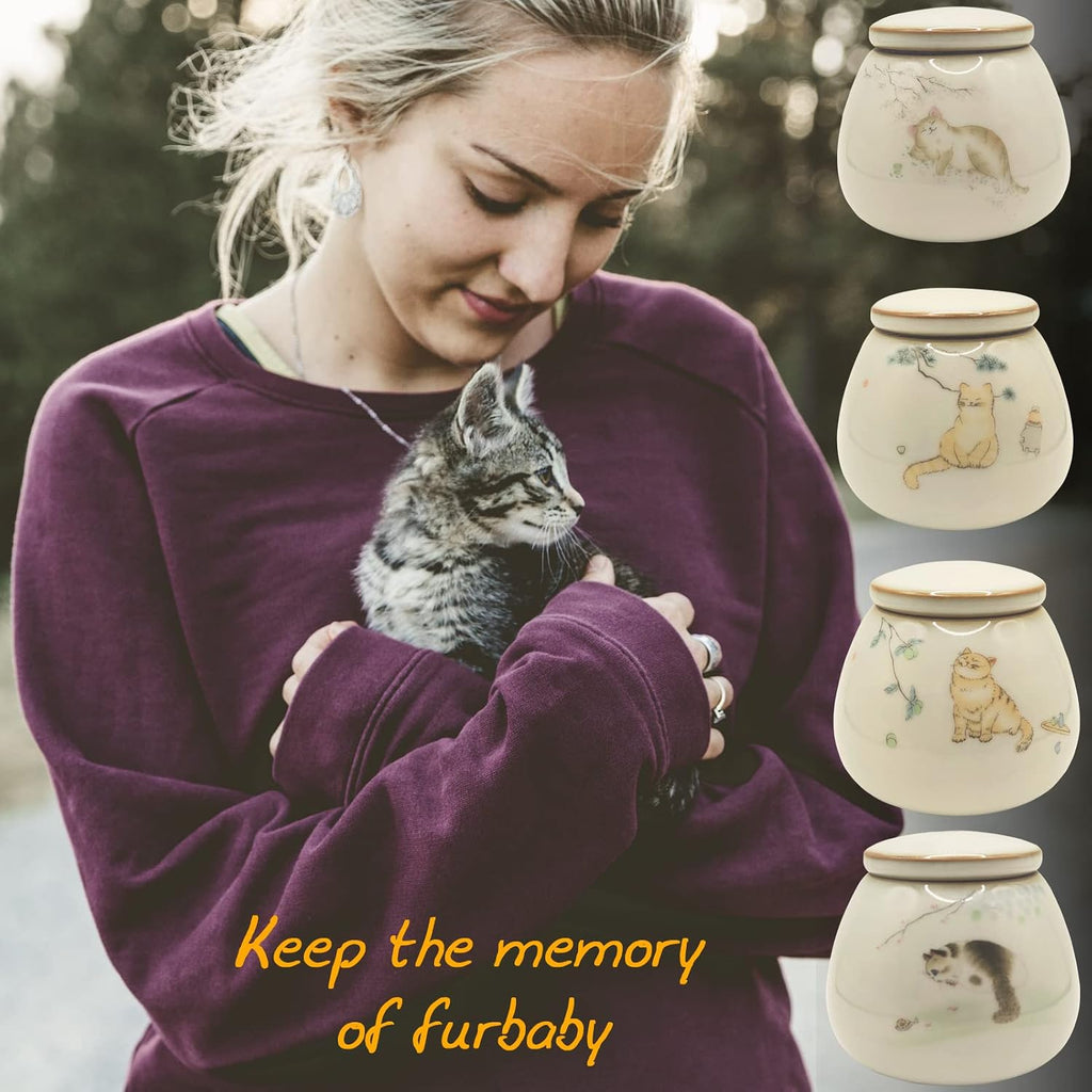 White Porcelain Cat Urn with Sleeping Kitty Pattern, 0.22L Capacity