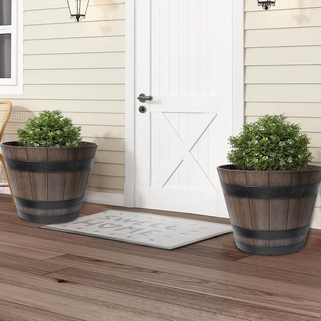 22.25 Inch Whiskey Barrel Planters 2 Pack, Large Plastic Pots Wood Design