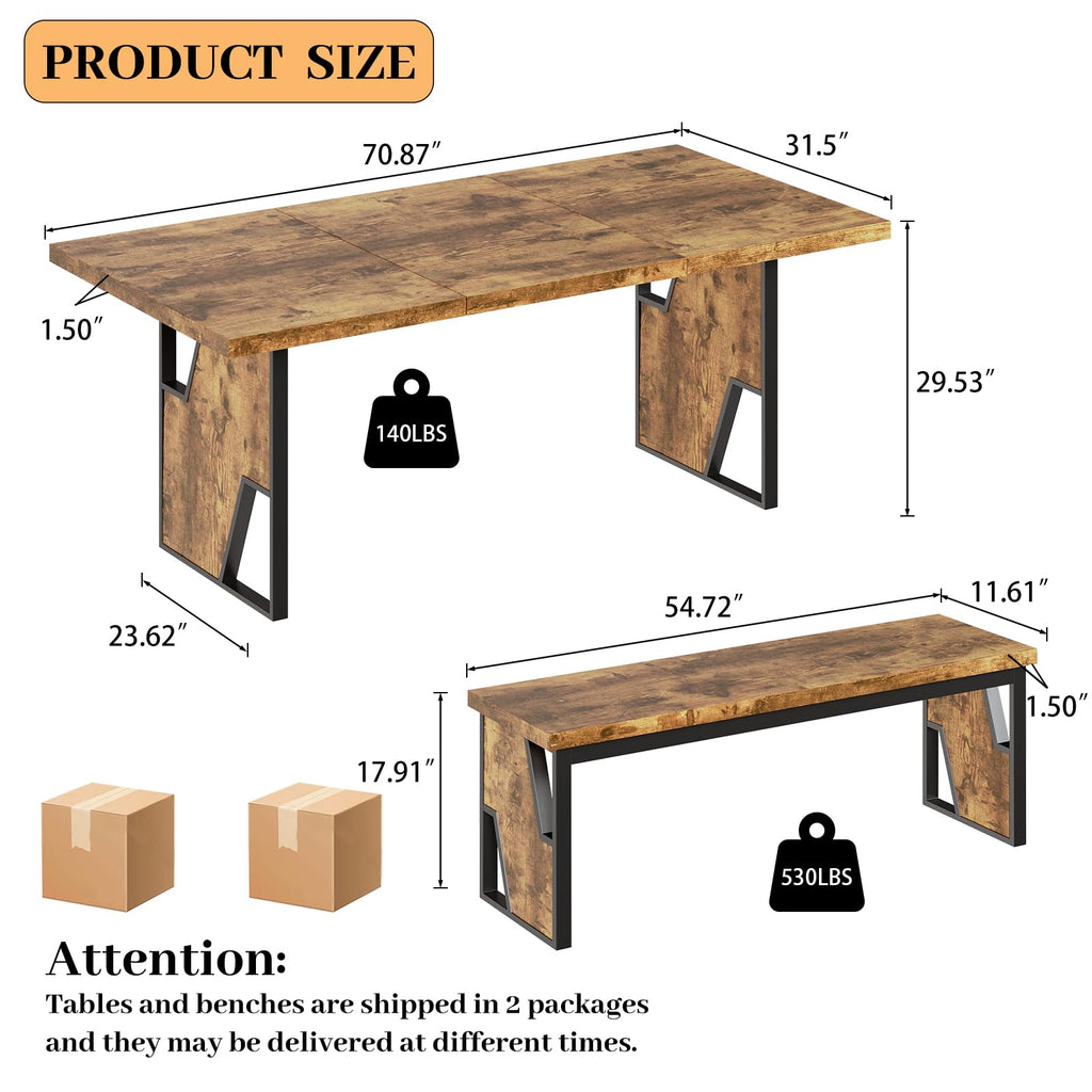 70.8" Wooden Dining Table with 2 Benches Kitchen Table and Chairs