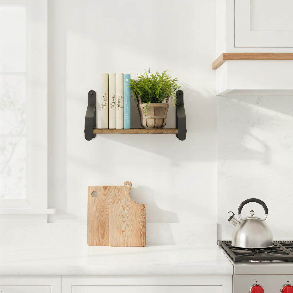 Rustico 16" Floating Wall Bookshelf with Cast Iron Brackets Wall Mounted Reclaimed Solid Wood Floating Industrial