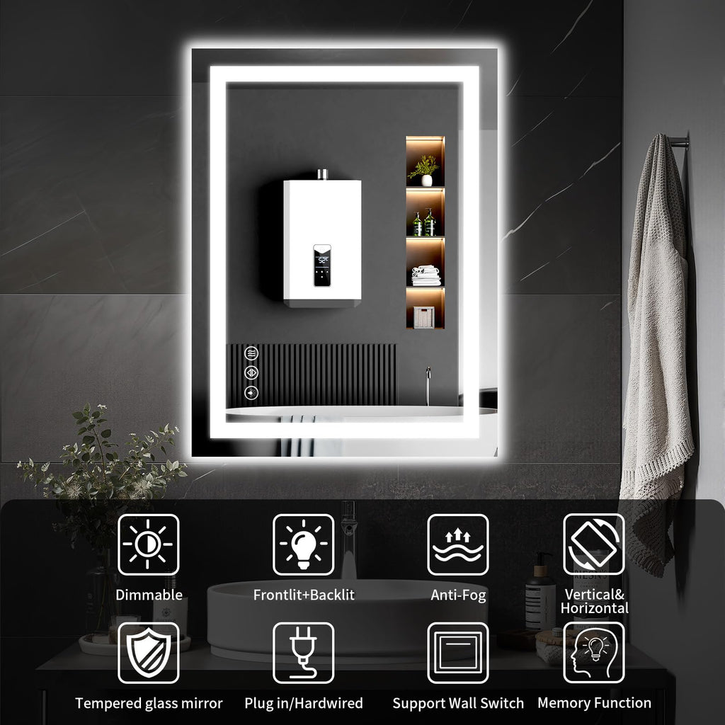 24"x36" LED Bathroom Mirror with Lights, Dimmable, Anti-Fog, Lighted Bathroom Vanity Mirror for Wall, Backlit + Front