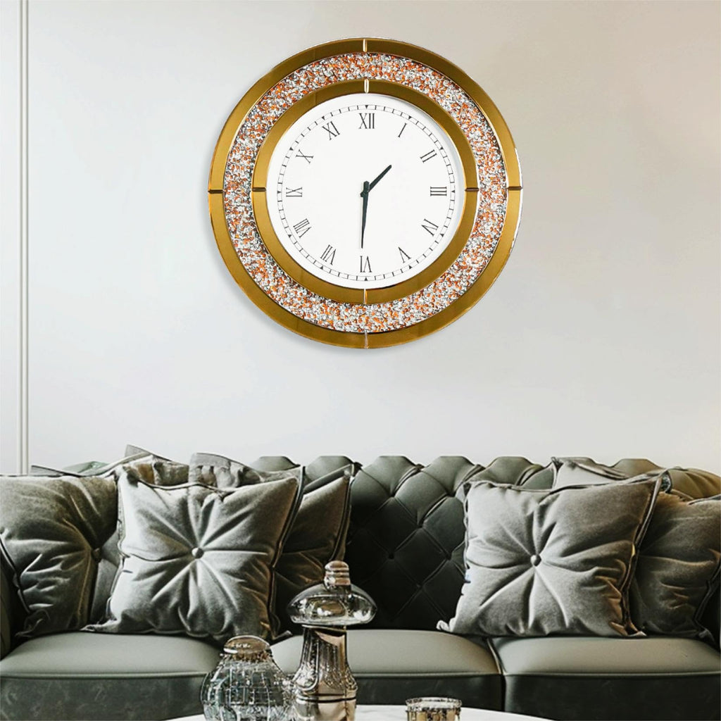 Crushed Diamond Wall Clock: Round Mirrored Clock 23.6 inch Brown