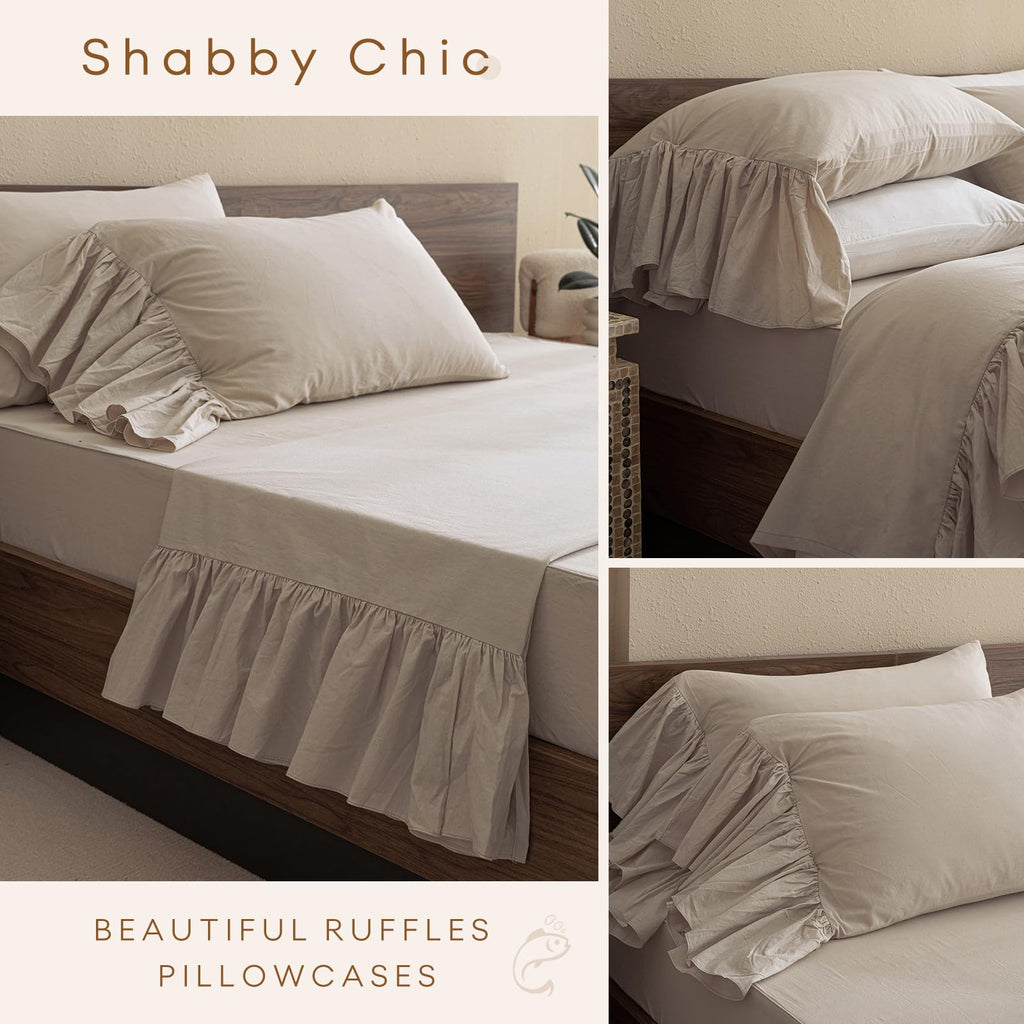 100% Cotton Sheet Set, Ruffle Bed Sheets Linen Feel Textured Farmhouse Shabby Vintage Chic Bedding 4 Pieces
