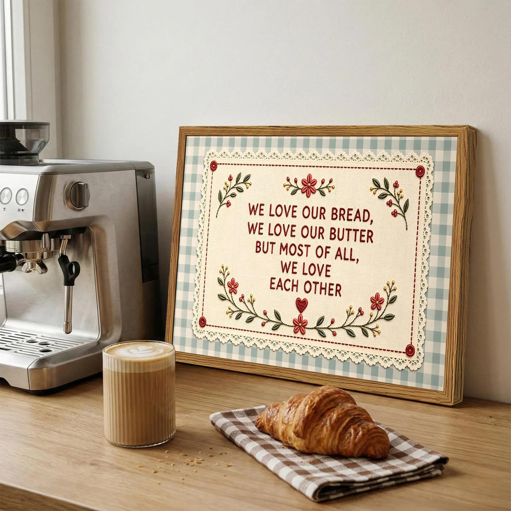 Framed Vintage Kitchen Wall Art, We Love Our Bread Butter and Each Other Quote Pictures Wall Decor, Green Gingham
