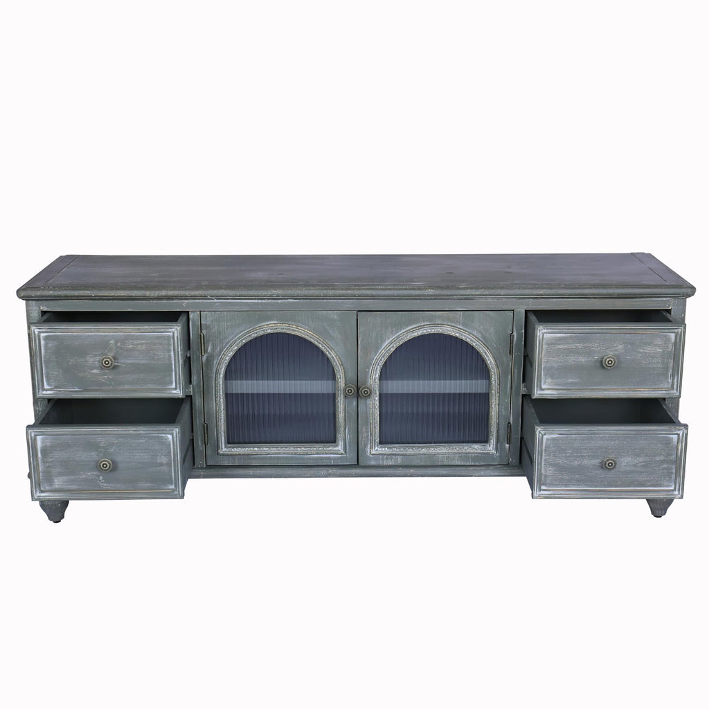 60" Solid Wood TV Stand, Media Console with Glass Doors & Drawers