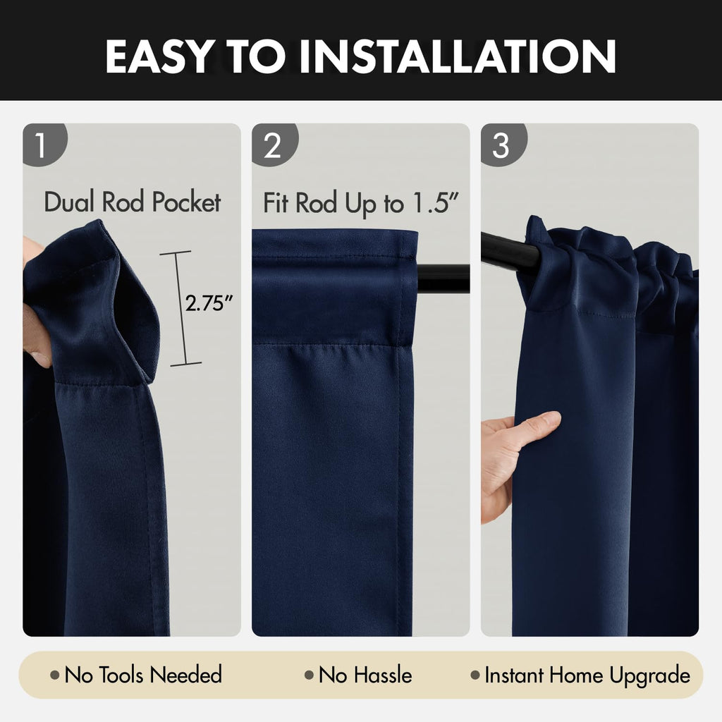 4 Panels Short 36 Inch Blackout Kitchen Window Curtain Navy Blue