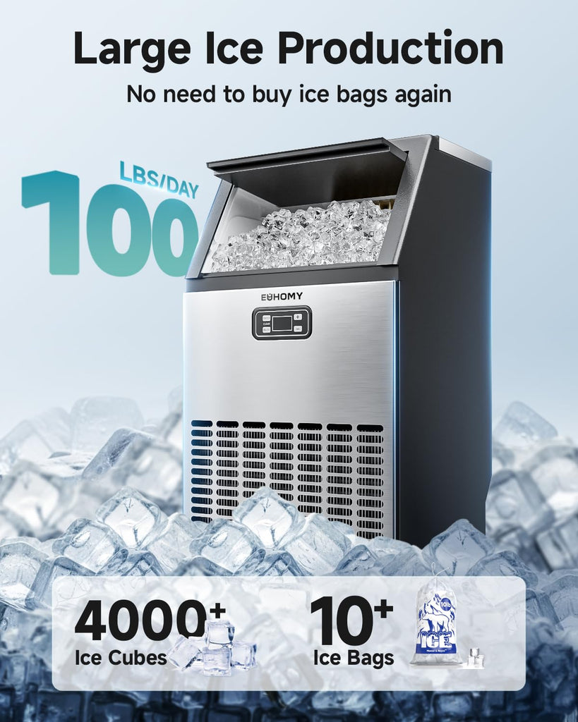 Commercial Ice Maker Machine, 100lbs/24H Stainless Steel Under Counter ice Machine with 33lbs Ice Storage Capacity