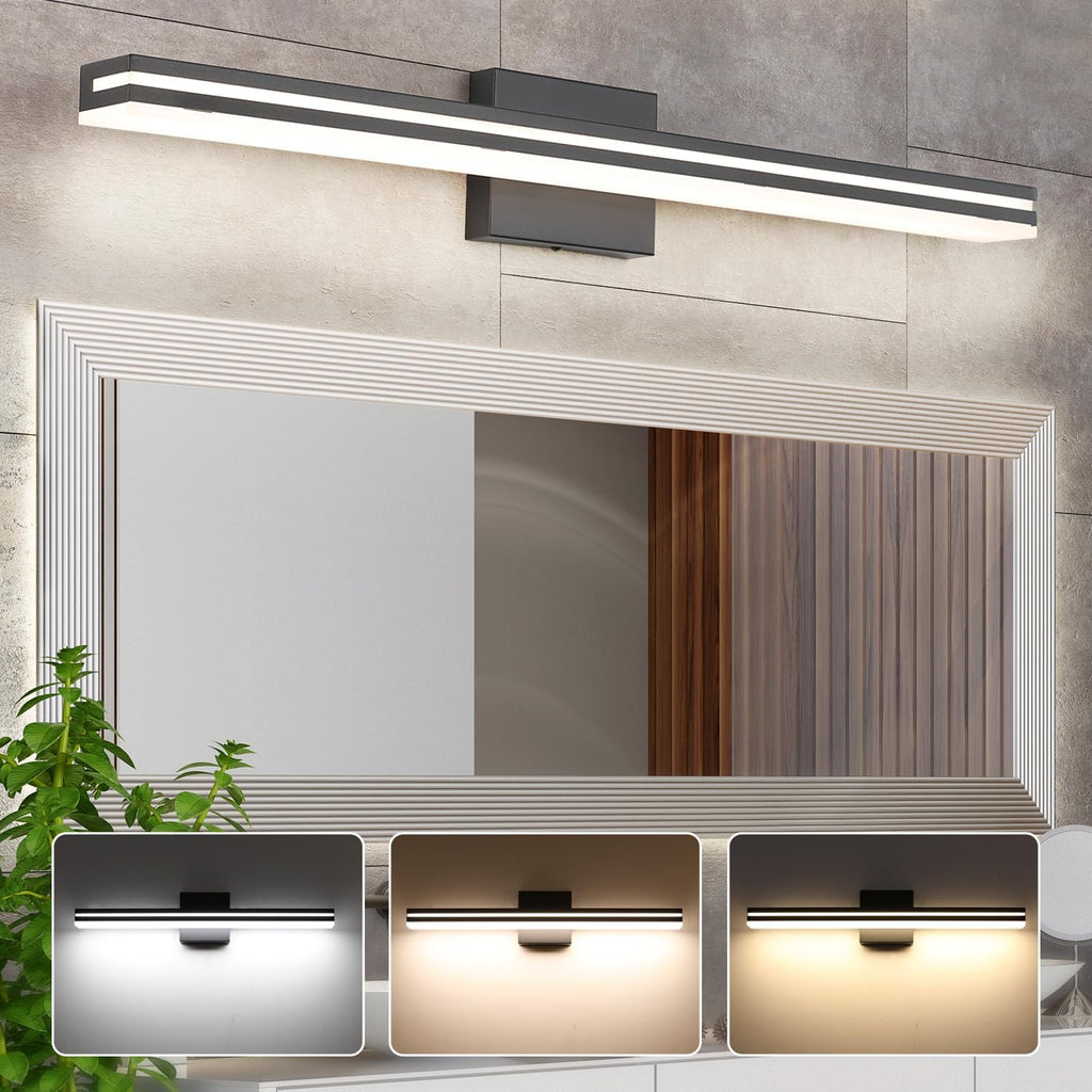 LED Modern Bathroom Vanity Light Bar (32-Inch, 3000K/4000K/6000K), Matte Black Dimmable Modern Acrylic Bathroom Wall
