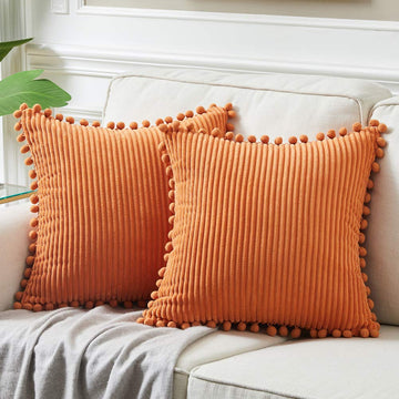Pack of 2 Corduroy Fall Decorative Throw Pillow Covers with Pom-poms, Solid Square Cushion Case Pillow Cases Set for