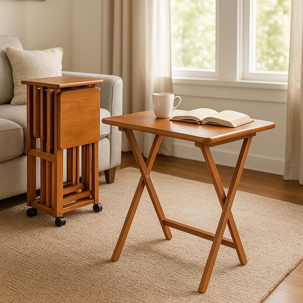 5-Piece Wood Folding Snack Table Set with Rolling Storage Stand and Removable Serving Tray - Fully Assembled (Teak)