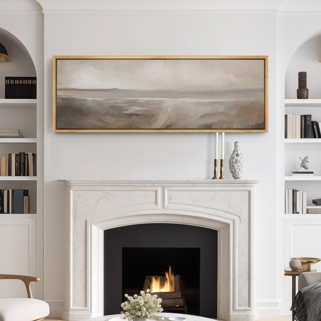 Large Framed Canvas Print Wall Art Neutral Seascape Soft Coastal Landscape Illustrations Modern Art Relax/Calm Warm