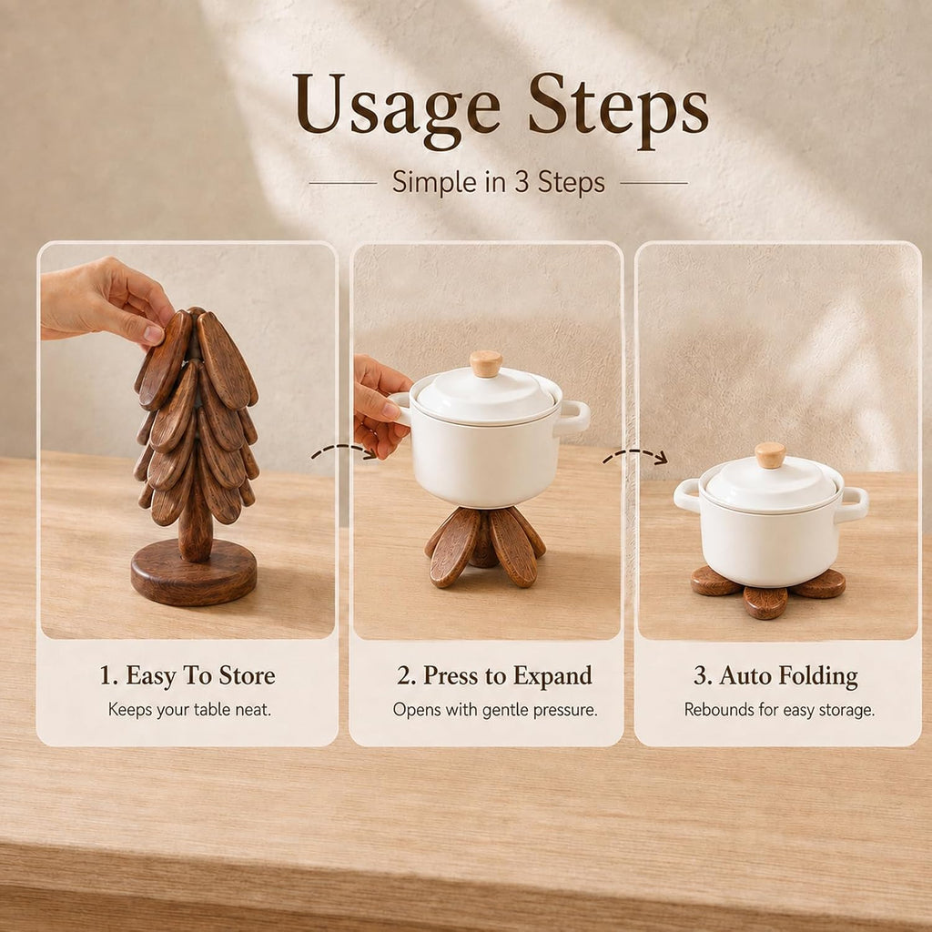 Wooden Trivets Set for Hot Dishes Kitchen Foldable Heat Resistant Trivet