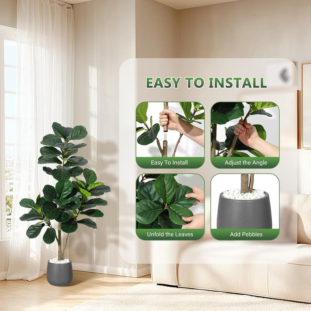 Lifelike Artificial Fiddle Leaf Fig Tree - Realistic Faux Ficus Lyrata with 77 Leaves - Indoor Decorative Plant