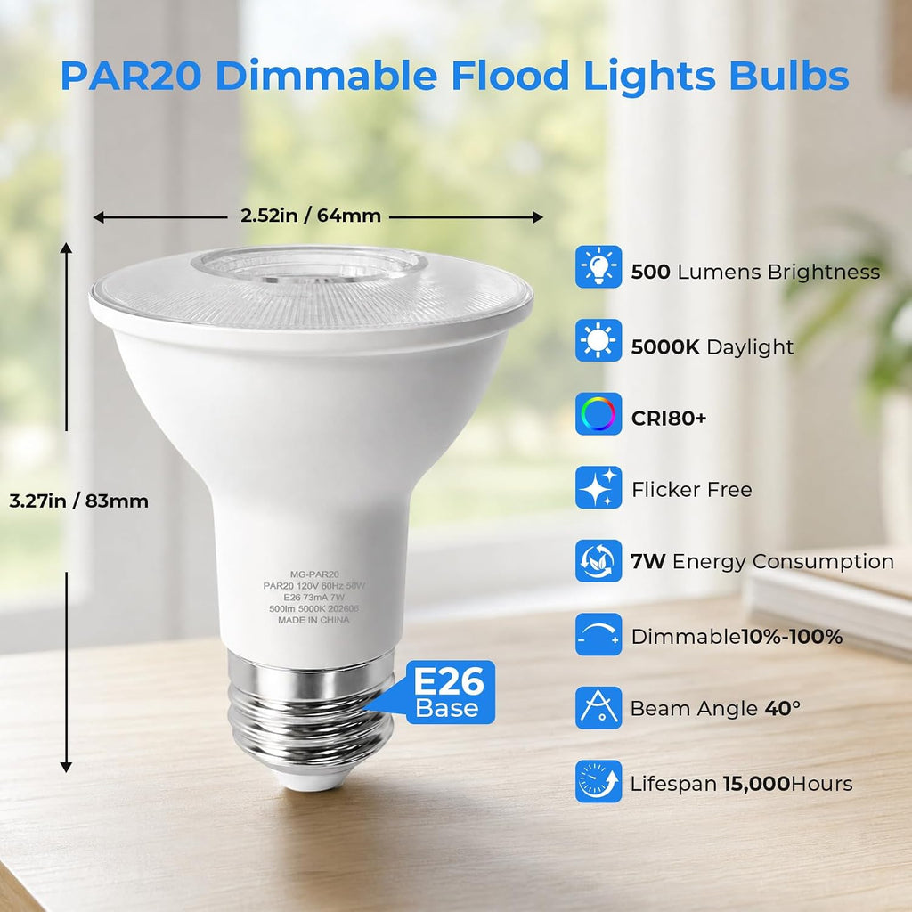 PAR20 LED Flood Light Bulbs Indoor, E26, 50W Equivalent, 5000K Daylight