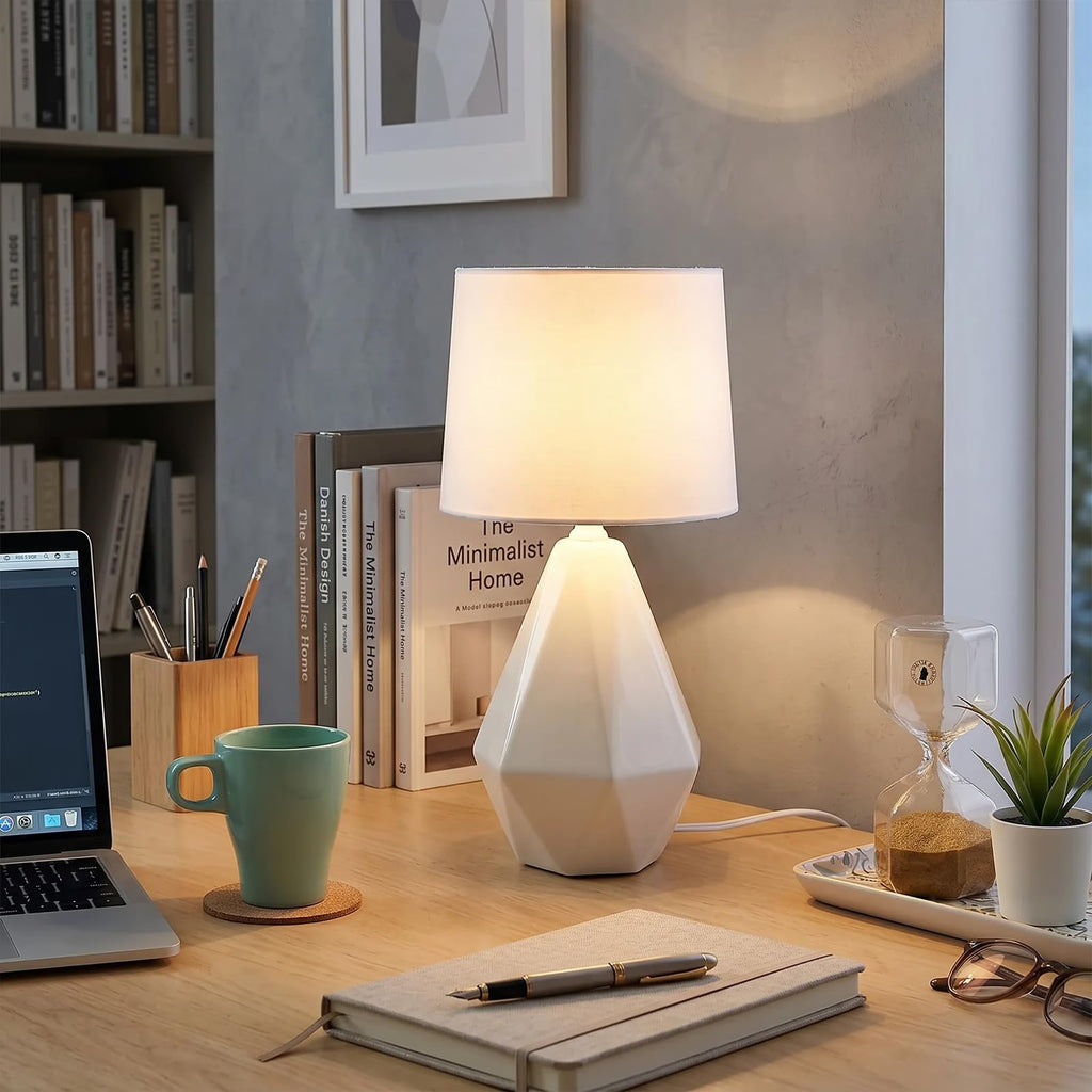 15" Modern Small Ceramic Table Lamp, White Irregular Geometric Bedside Table lamp, Nightstand Lamps with White Fabric