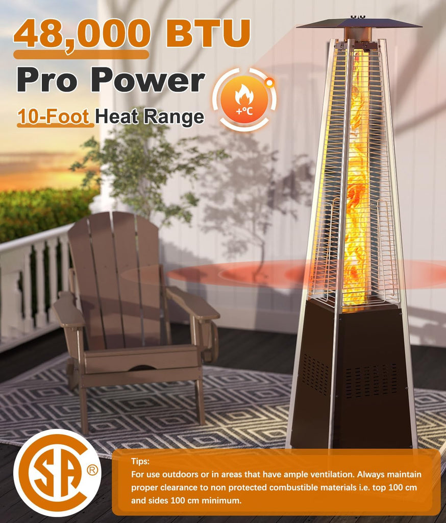 48,000 BTU Pyramid Patio Heater with Wheels, Cover, Hammered Bronze | Triple Safety Protection Propane Heaters