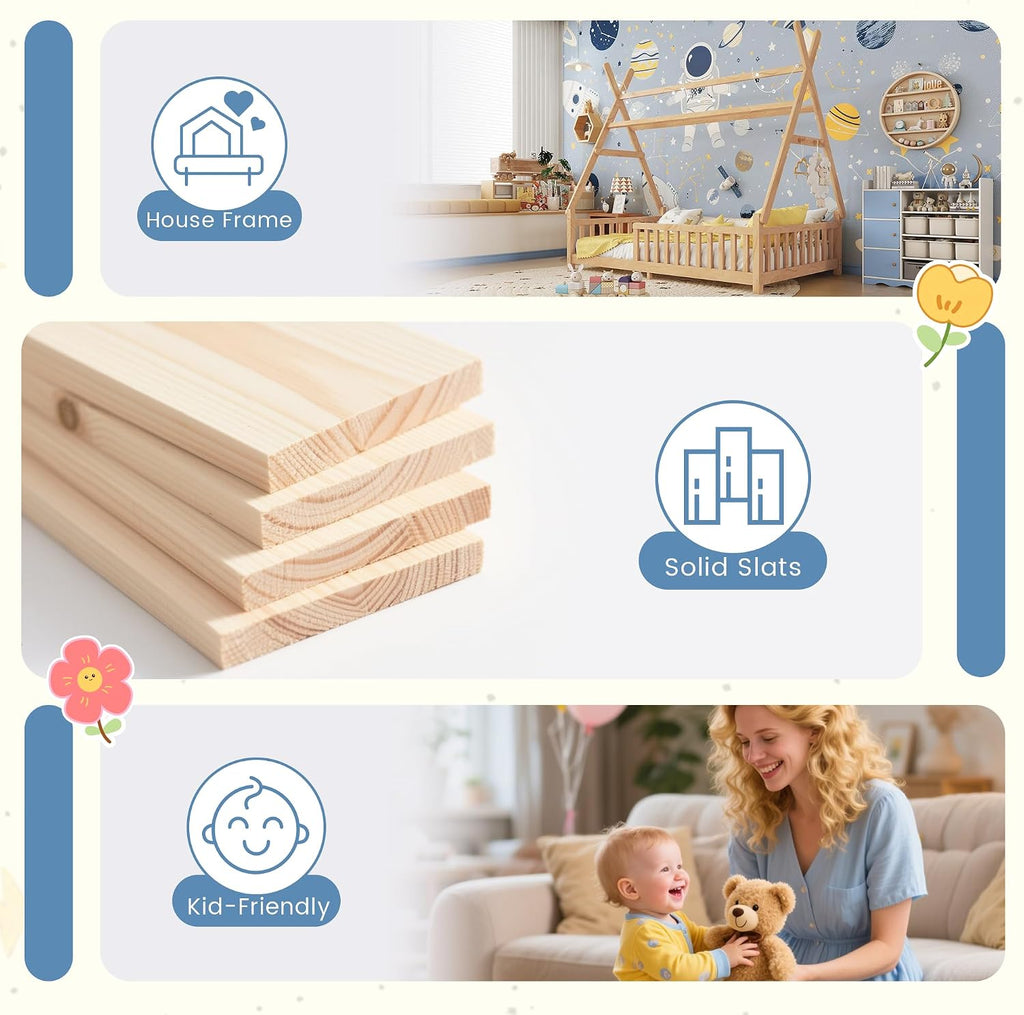 Teepee Floor Bed for Kids, Twin Size Tent Beds with LED Light & Hanging Rack, Detachable Montessori Floor Bed