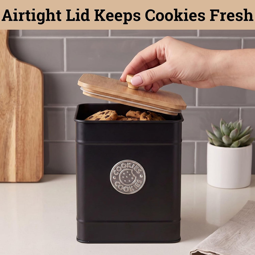 Cookie Jar with Airtight Bamboo Lid, 6"D x 8"H, 1 Gallon Iron Cookie Tin