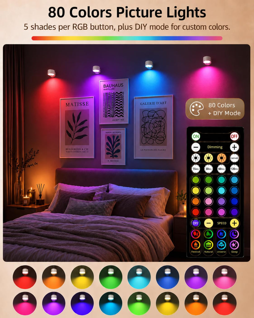 Picture Lights for Wall, 6 Pack Rechargeable Magnetic with Remote (White)