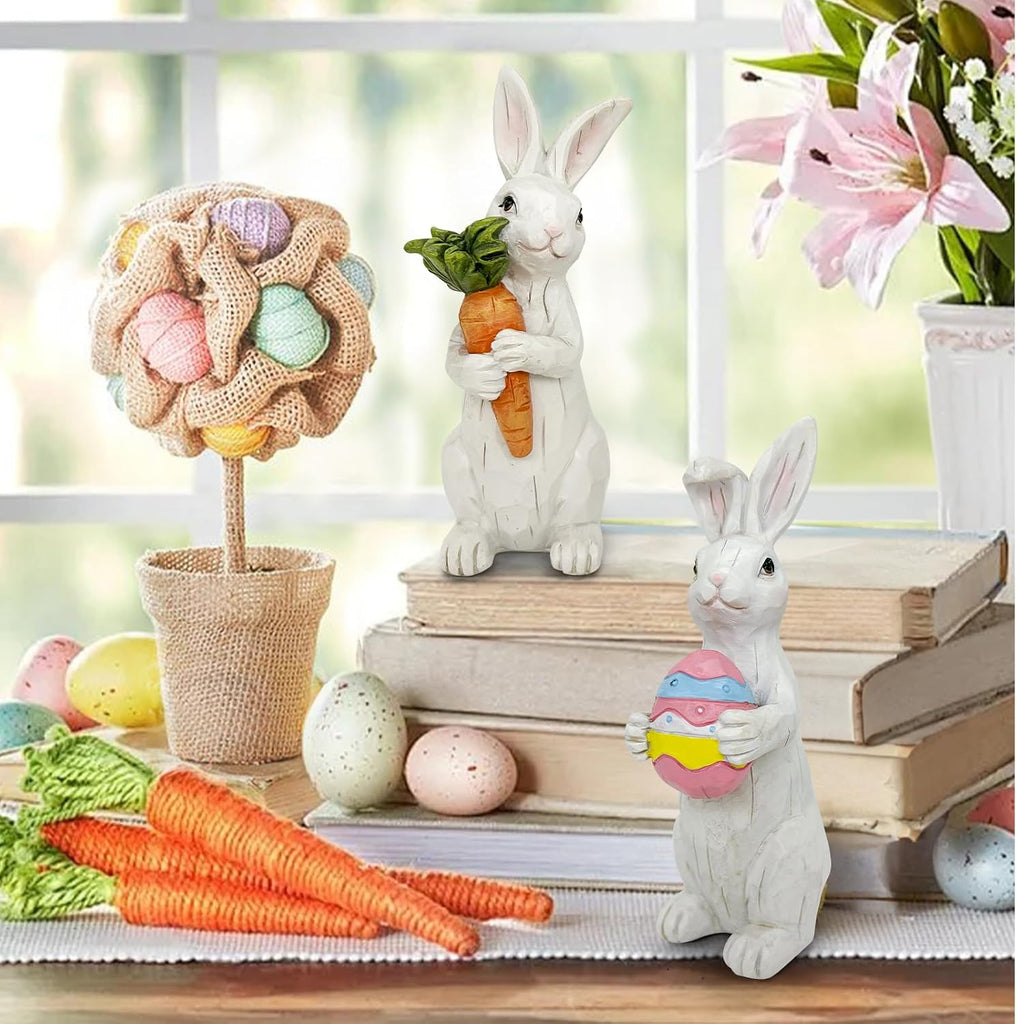 Easter Decorations Easter Bunny Decor Spring Decorations Resin Rabbits Statues with Carrot and Egg Tabletop - Set of 2