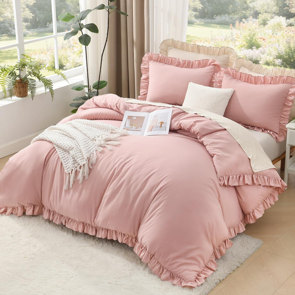 Full Comforter Sets, 3 Pieces Blush Pink Ruffle Girls Women Cute Bedding Comforters & Sets, Lightweight Fluffy