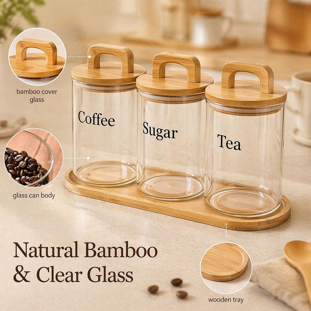 Glass Coffee Sugar Tea Canister Set with Airtight Wood Lids and Tray, 3 Pack Clear Food Storage Jars, 34 oz / 1000 ml - Set of 3